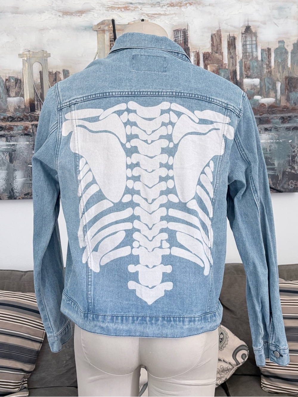 Fashion Nova Light Blue Denim Jacket with White Skeleton Print - Picture 2 of 3